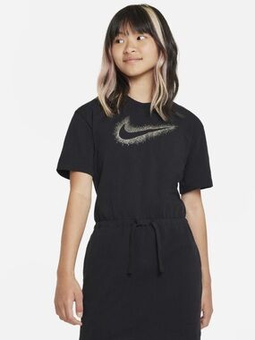 Nike Girls Black Short Sleeve Dress with Metallic Gold Swoosh